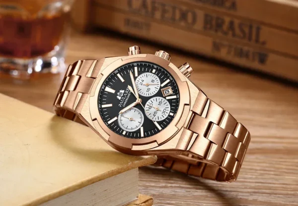 Männer Quarzuhr Chronograph Luxus Leuchtende Rose Gold Silber Blau Mode Übersee Edelstahl Mode Uhren 3