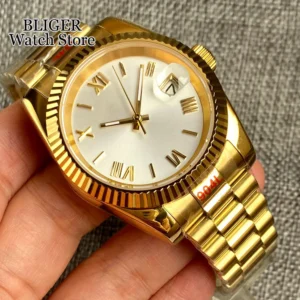 BLIGER 36mm 39mm Polierte Geriffelte Lünette NH35AA Automatische Herrenuhr Gold Römische Zahlen Silber Zifferblatt Stahlarmband Saphirglas