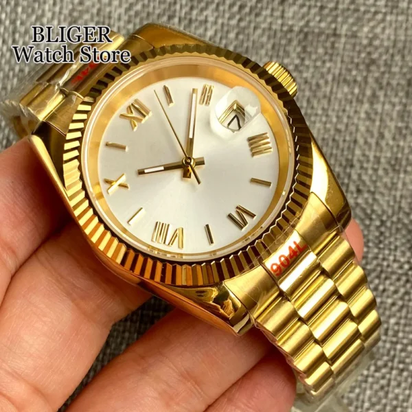 BLIGER 36mm 39mm Polierte Geriffelte Lünette NH35AA Automatische Herrenuhr Gold Römische Zahlen Silber Zifferblatt Stahlarmband Saphirglas
