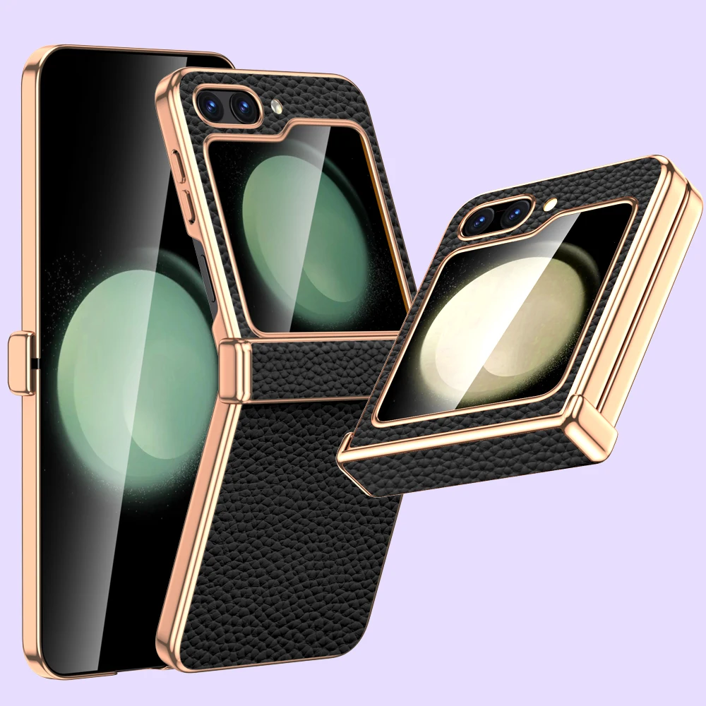 Langsidi Natur leder Handy hülle für Samsung Galaxy Z Flip5 Flip6 Flip 6 5 Luxus Scharnier Schutzhülle mit gehärtetem Glas