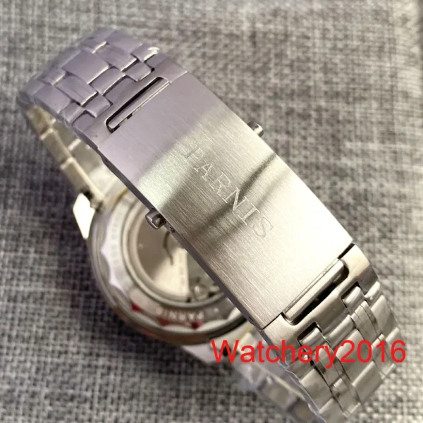 Neue Parnis 42 mm weißes blaues Zifferblatt Gold Silber Miyota 8215 automatische mechanische Herrenuhr Edelstahlarmband 3