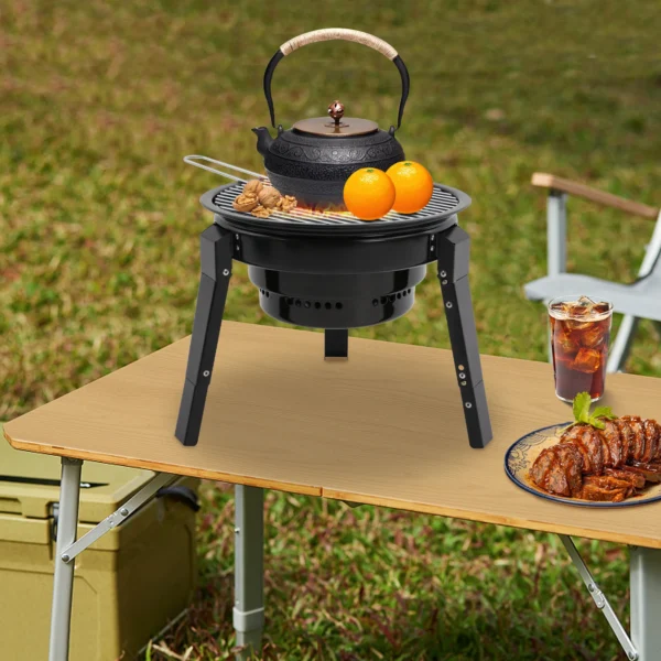 Tragbarer 3-Bein-Holzkohlegrill, 35,5 cm, zusammenklappbarer BBQ-Grill mit Grillnetz und Aschenbecher für Camping/Picknicks und Partys