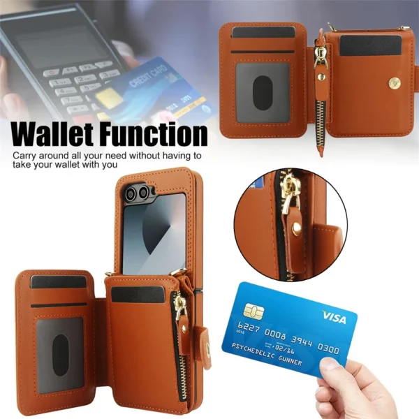 Umhängetasche mit Handschlaufe und Kartenhalter, Handyhülle für Samsung Galaxy Z Flip 6, 5, 4, 3, Flip6, Flip5, Flip4, Flip3, Lederhülle 2