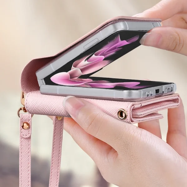 Vietnam-Leder Brieftasche für Samsung Galaxy Z Flip 4, 3, Z4, Z3, Z Flip 5 Handy hülle mit Hands ch laufe, Z Flip 6 Hülle 5