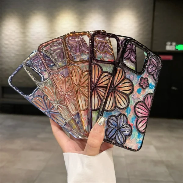Luxuriöse, farbige, modische Blumen-Handyhülle für iPhone 11, 12, 13, 14, 15, 16 Pro Max, weicher Stoßstangenschutz auf 14 Pro-Abdeckung 6