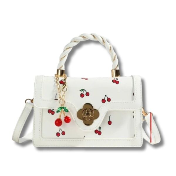 Quadratische Damenhandtasche mit Kirschmotiv und gewebtem Griff