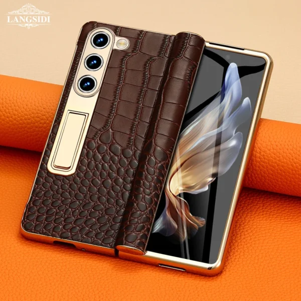 LANGSIDI Ledertasche für Samsung Galaxy Z Fold 6 5 4 3 Fold6 Fold5 Vergoldung Magnetscharnier Standabdeckung mit Spiegelfolie 3