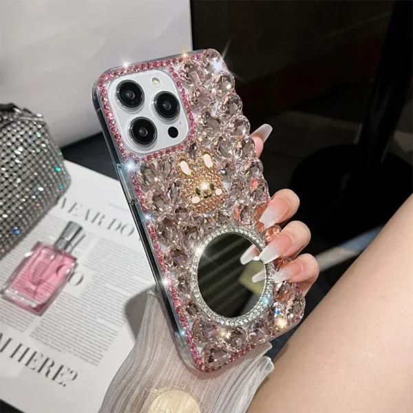 Bling Diamond Cute Rabbit Hülle für iPhone 11 12 13 14 15 Pro Max XR XS 7 Plus Glitzer Strass Spiegel Make-up Luxus TPU Cover 3