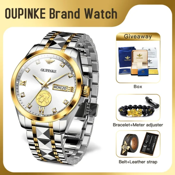 ﻿ OUPINKE 3259 Herrenuhr, automatische mechanische Uhr ﻿   Wasserdichte Uhren aus Wolframstahl für Herren, Dual-Kalenderuhr, echtes Gold 2