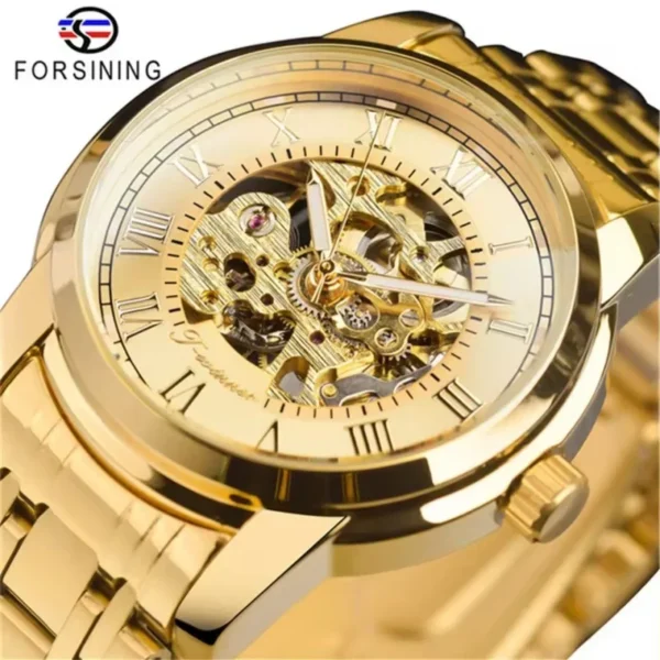 FORSINING 349 Luxuriöse manuelle mechanische Herrenuhr mit hohlem Zifferblatt, Silber, Gold, Schwarz, Edelstahl, Herren-Premiumuhr, Geschenk 3