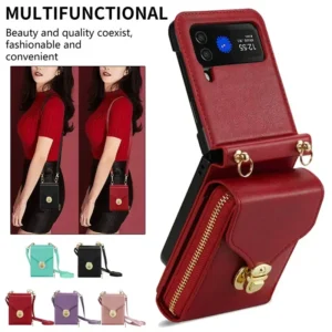 Lanyard Leder Reißverschluss Brieftasche Kartensteckplatz Handyhülle für Samsung Galaxy Z Flip 6 5 4 3, Lanyard Geldbörse Tasche Flip Stand Cover Back Bag