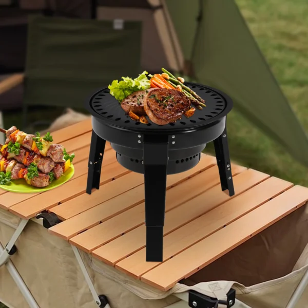 Tragbarer 3-Bein-Holzkohlegrill, 35,5 cm, zusammenklappbarer BBQ-Grill mit Grillnetz und Aschenbecher für Camping/Picknicks und Partys 2