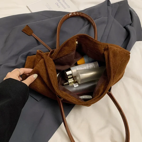Damen-Umhängetasche aus Wildlederimitat, modische Vintage-Wildleder-Einkaufstasche, große Kapazität, Tasche mit Griff oben, Damen-Reise-Pendler-Handtaschen 6