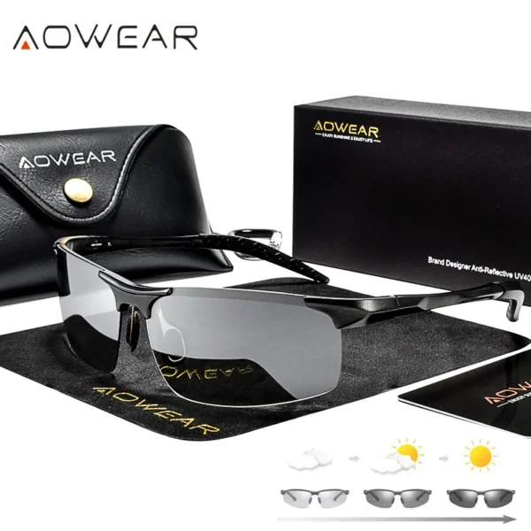 AOWEAR Aluminium Randlose Photochrome Sonnenbrille Männer Polarisierte Tag Nacht Fahren Gläser Chameleon verfärben Objektiv Brillen Gafas