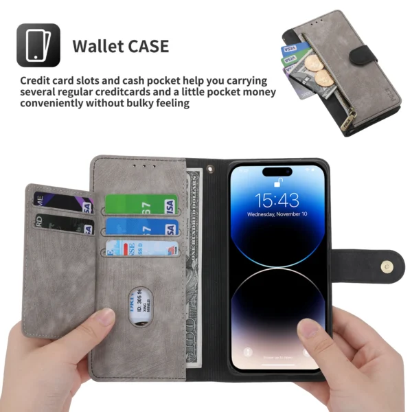 RFID-Reißverschluss-Brieftaschen-Flip-Lederkarten Solt-Hülle für iPhone 14 15 16 Pro Max 13 12 11 SE 2022 X XS XR 8 7 Plus Stand-Telefonabdeckung 4