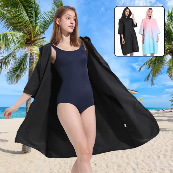 Wickelmantel mit Kapuze, Mikrofaser-Handtuch-Poncho mit Reißverschluss, kurzärmliger Surf-Poncho, schnell trocknend, übergroßer Wickelmantel, Neu 2