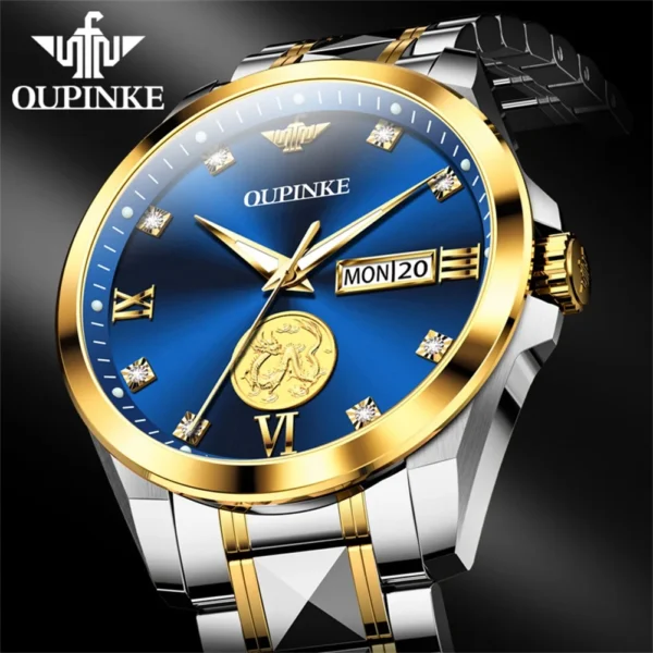 ﻿ OUPINKE 3259 Herrenuhr, automatische mechanische Uhr ﻿   Wasserdichte Uhren aus Wolframstahl für Herren, Dual-Kalenderuhr, echtes Gold 3