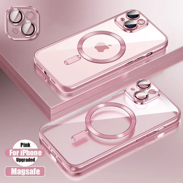Klare, plattierte, ultradünne Silikonhülle für iPhone 16, 15, 14, 13, 12, 11, Pro Max 16, Plus, Magsafe, magnetische Linsenfolie, Schutzabdeckung, Rosa 6