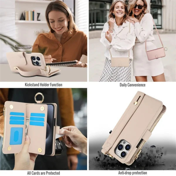 Multifunktions-Kartensteckplätze, Halter, Reißverschluss, Brieftasche, Flip-Telefonhülle für iPhone 15 14 13 12 11 Pro Max Plus XS XR X 15Pro, Riemenabdeckung 4
