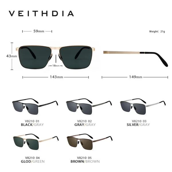 VEITHDIA Marke Herren-Sonnenbrille, quadratisch, Edelstahl, hochauflösende Nylonlinsen, polarisierte Brille mit UV400-Schutz 8210 4