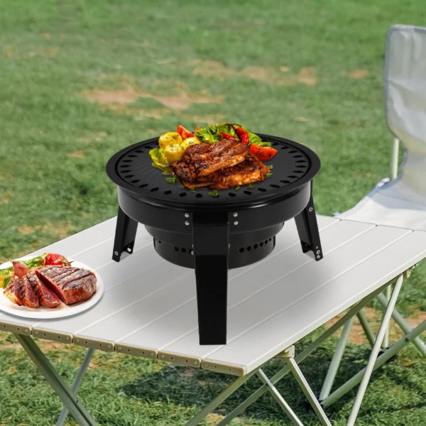 Tragbarer 3-Bein-Holzkohlegrill, 35,5 cm, zusammenklappbarer BBQ-Grill mit Grillnetz und Aschenbecher für Camping/Picknicks und Partys 3