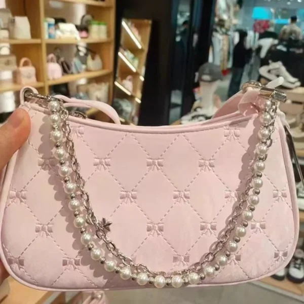 Rosa Damen Umhängetasche Elegante süße Schleife Perlenketten Schleife Stickerei Handtasche Casual Leder koreanische Mode weibliche Handtasche 3
