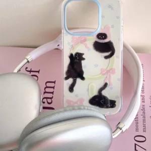 Niedliche schwarze Katze, rosa Schleife, blaue Blume, magnetischer Kartenhalter, Handyhülle für iPhone 13, 14, 15 Pro Max, 13 Pro, 16 Pro Max, 14Pro, 15Pro 12