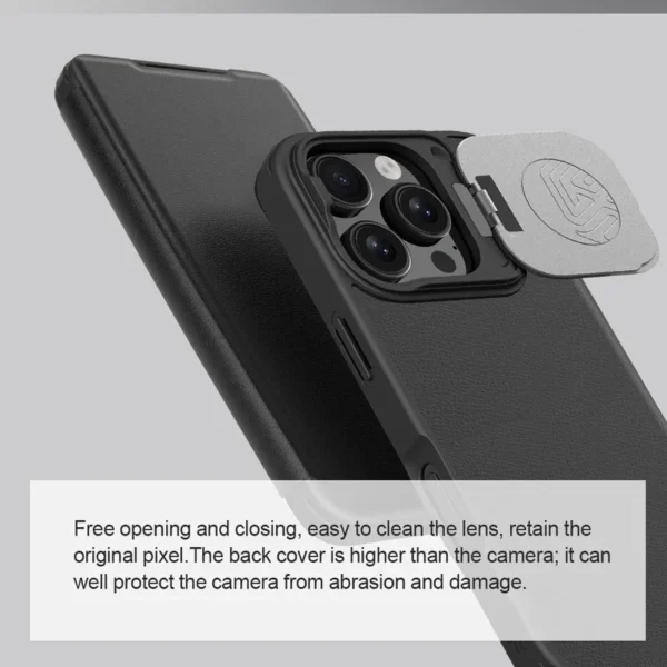 Nillkin Hülle für iPhone 16 Pro Max, luxuriöse Flip-Lederhülle, Metalllinse, Schutz, Ständer, Halter, Rückseite mit Kartensteckplatz 2