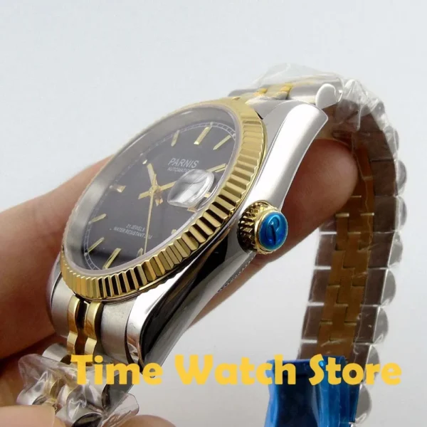 Parnis 36mm Herren Automatikuhr Miyota 821A 6T51 Luxus 5ATM Gold/Schwarz/Silber Zifferblatt Unisex Saphirglas Datum solides Armband 5