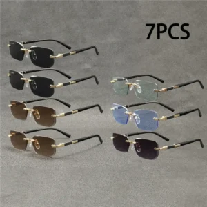 7PCS Randlose Sonnenbrille Rechteck Mode Beliebte Frauen Männer Shades Kleine Quadratische Sonnenbrille Für Weiblich männlich Sommer Reisen