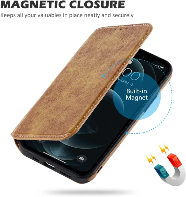 Lederhülle für iPhone 16 15 14 13 12 11 Pro Max XS XR Wallet Case [RFID-Blockierung] Schlanke magnetische Flip-Cover mit Kartenhalter 3