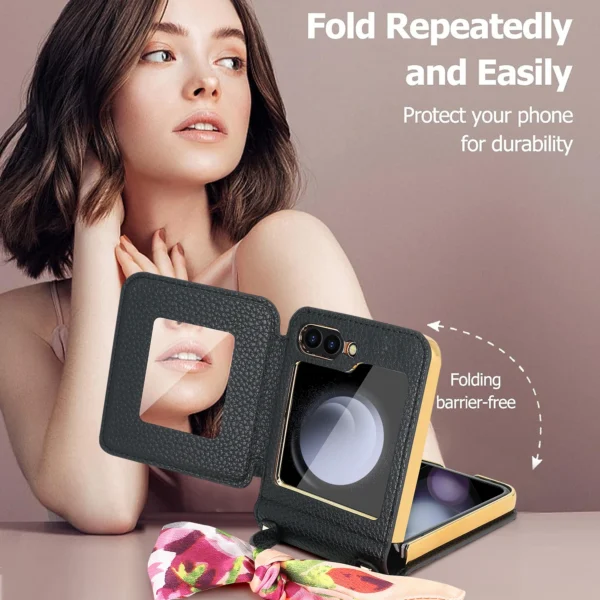 VIETAO Spiegel-Handyhülle für Samsung Galaxy Z Flip 6, Leder-Handyhülle mit Band für Samsung Z Flip 5, Z Flip 4 3 4