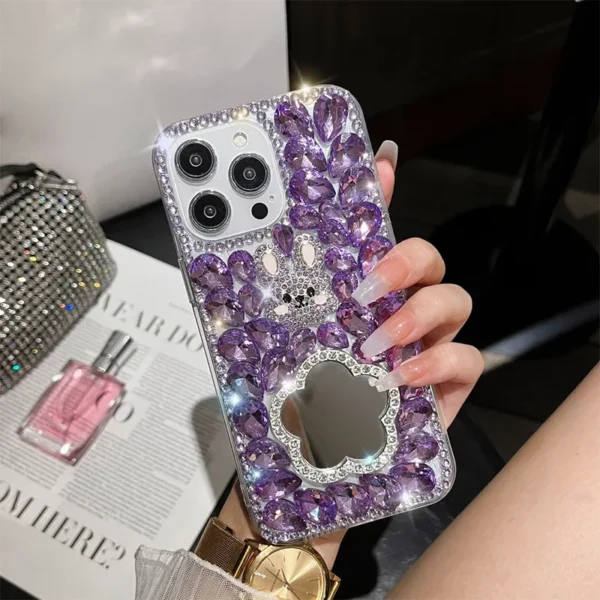 Bling Diamond Cute Rabbit Hülle für iPhone 11 12 13 14 15 Pro Max XR XS 7 Plus Glitzer Strass Spiegel Make-up Luxus TPU Cover 2