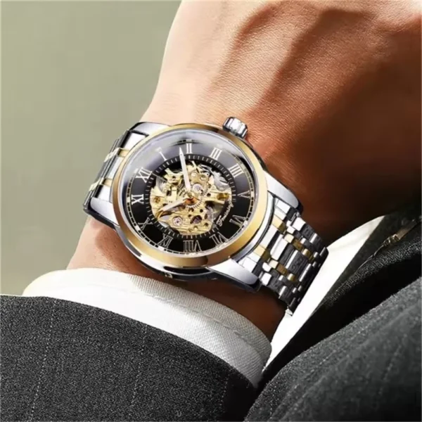 FORSINING 349 Luxuriöse manuelle mechanische Herrenuhr mit hohlem Zifferblatt, Silber, Gold, Schwarz, Edelstahl, Herren-Premiumuhr, Geschenk 2