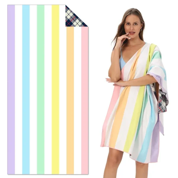 Doppelseitiger Fleece-Doppelseitiger Druck, große Strandtücher, Liege-Zubehör, gestreiftes Strandtuch, XXL mit Tasche, Sonnenbad