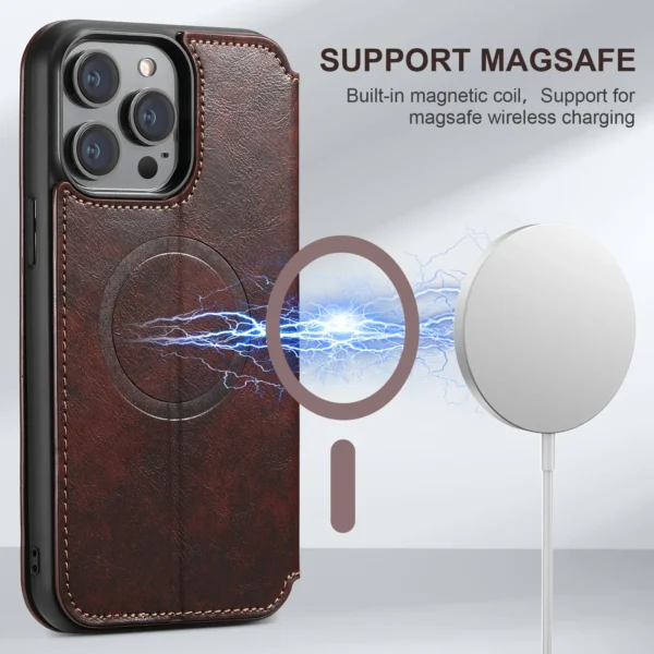 für iPhone 15 14 13 12 Pro Max Wallet Case [kompatibel mit Mag-Safe] Magnetisches Leder-Klapphülle mit Ständer und Kartenhalter 2