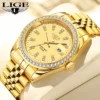 LIGE Luxus Gold Herrenuhr Mode Diamant Zifferblatt Business Wasserdicht Leuchtkalender Edelstahl Quarzuhren für Männer