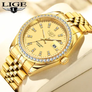 LIGE Luxus Gold Herrenuhr Mode Diamant Zifferblatt Business Wasserdicht Leuchtkalender Edelstahl Quarzuhren für Männer