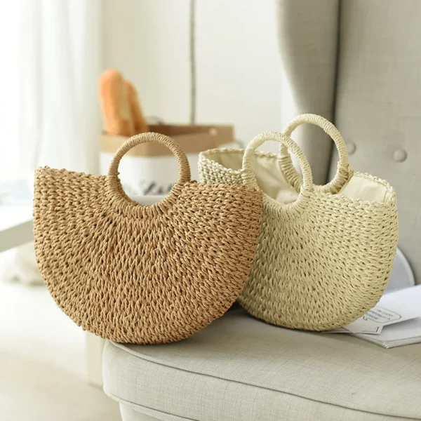 Sommer handgemachte Taschen für Frauen Strand Weben Damen Strohtasche gewickelt Strandtasche mondförmige Top Griff Handtaschen Totes 3