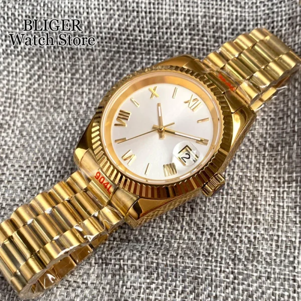 BLIGER 36mm 39mm Polierte Geriffelte Lünette NH35AA Automatische Herrenuhr Gold Römische Zahlen Silber Zifferblatt Stahlarmband Saphirglas 4