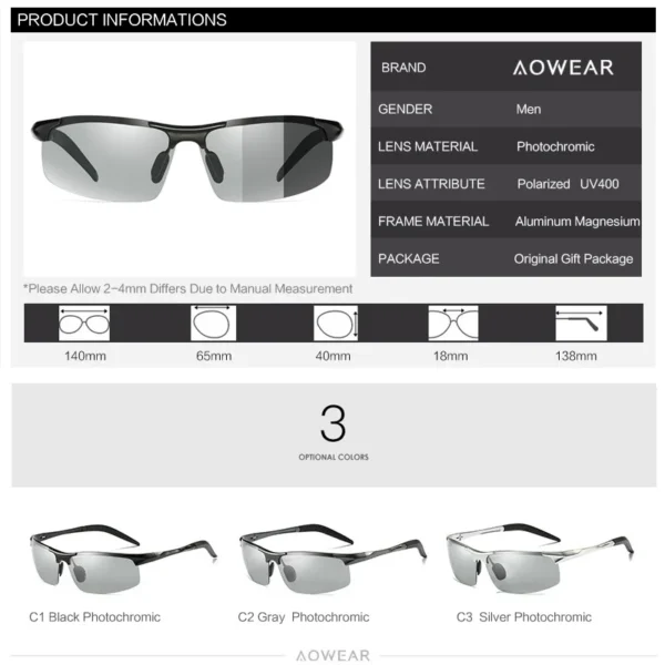 AOWEAR Aluminium Randlose Photochrome Sonnenbrille Männer Polarisierte Tag Nacht Fahren Gläser Chameleon verfärben Objektiv Brillen Gafas 5