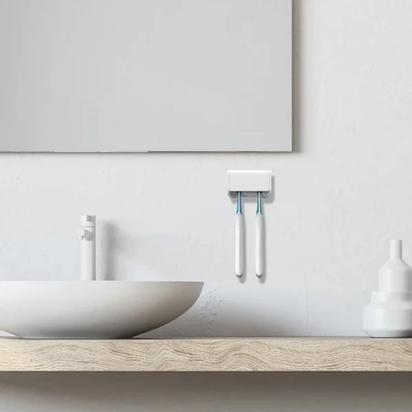 Staubdichter, an der Wand montierter Zahnbürstenhalter mit Abdeckung, 2 Fächer, selbstklebender Zahnbürsten-Aufbewahrungsorganisator für Dusche und Badezimmer 3
