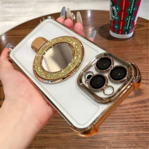 Für iPhone 16E Pro Max Luxus Flash Spiegel Stehen Transparent Überzug Rahmen Telefon Fall Für iPhone 11 12 13 14 15 plus Halter Abdeckung