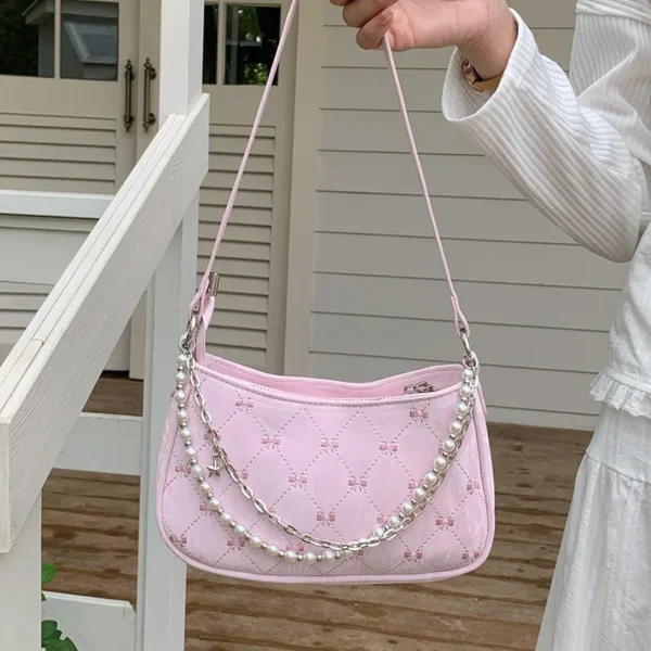 Rosa Damen Umhängetasche Elegante süße Schleife Perlenketten Schleife Stickerei Handtasche Casual Leder koreanische Mode weibliche Handtasche 2
