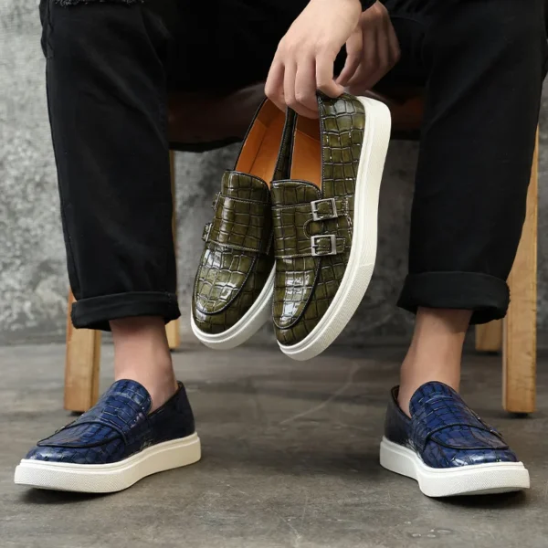 Lässige Mönchsschuhe für Herren, Krokodilleder, modische Herren-Müßiggänger im britischen Stil, Slip-on-Outdoor-Wohnungen für Herren 2