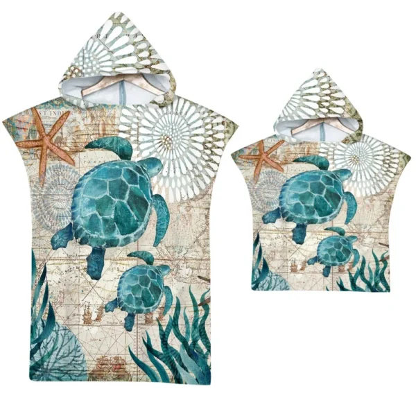 Meeresschildkröten-Badetuch, schnell trocknender Kapuzenumhang, großes Handtuch, Mikrofaser-Strandtuch, Neoprenanzug, Eltern-Kind-Poncho für Erwachsene, Bademantel 2