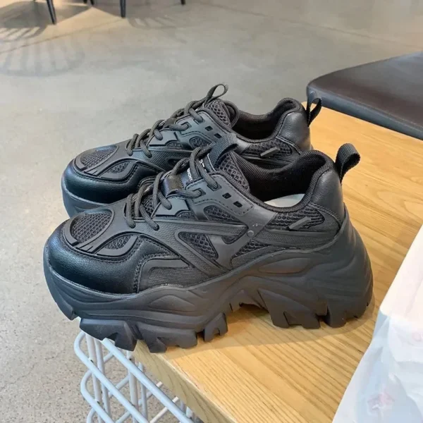 Frauen Neue Mode Plattform Sport Schuhe Frauen Sommer Schwarz Casual Chunky Turnschuhe Frauen Mesh Leder Plattform Schuhe 4