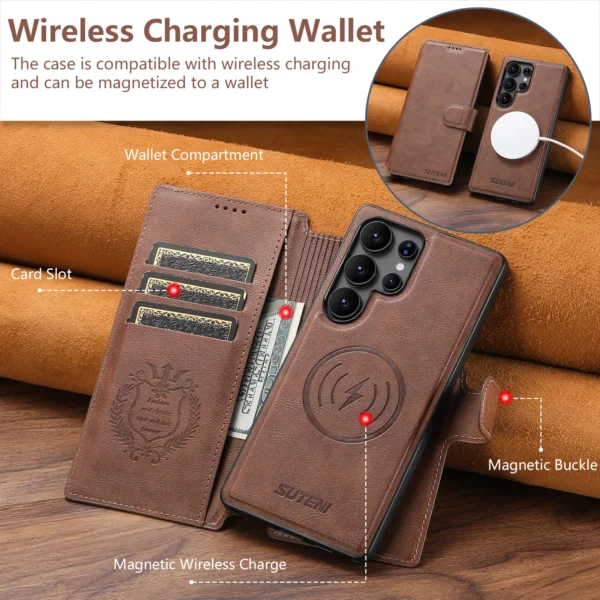 SUTENI PU Leder Drahtlose Lade Karte Halter Stehen Brieftasche Magnetische Flip-Cover Telefon Fall Für Samsung Galaxy S25 Ultra S24 S23