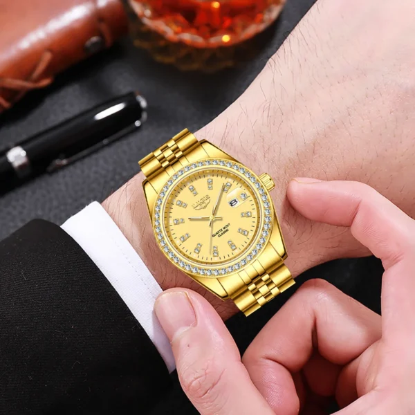 LIGE Luxus Gold Herrenuhr Mode Diamant Zifferblatt Business Wasserdicht Leuchtkalender Edelstahl Quarzuhren für Männer 6