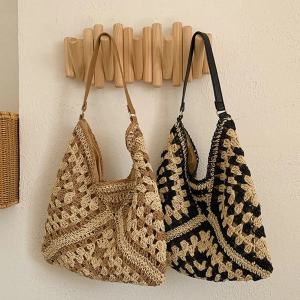 Beliebte Damen-Umhängetasche aus gewebtem Stroh, mittelgroße Handtasche mit Griff für den Strandurlaub 3